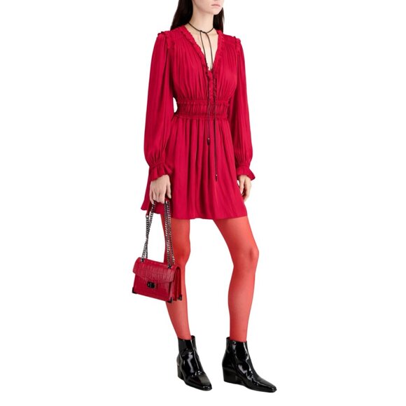 The Kooples Red Long Sleeve Mini Dress Elastic‎ Waist Ruffled Viscose Sz US 8 - Picture 12 of 15